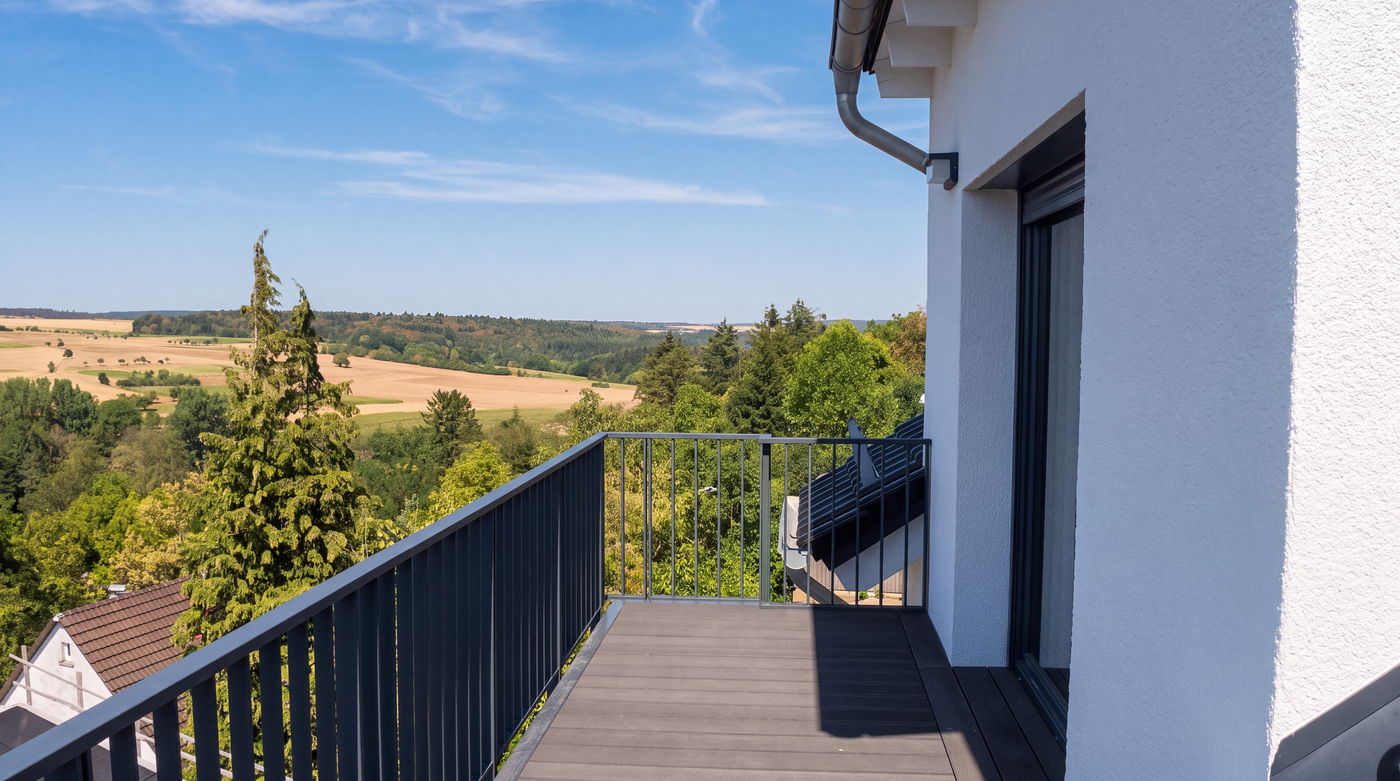 Balkon einer Wohnung mit Blick über Felder und Wälder