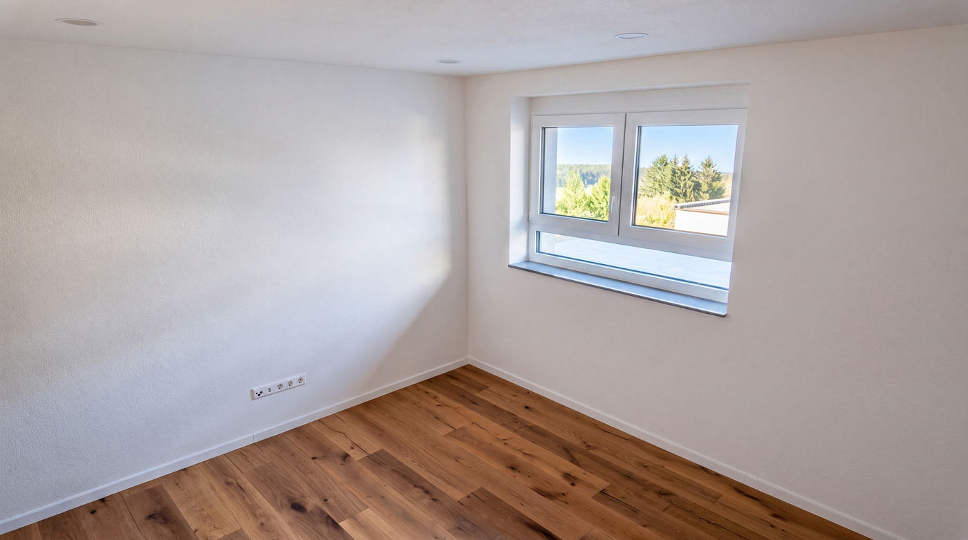 Schlafzimmer mit Eichenparkett, bodentiefem Fenster und Rollladen